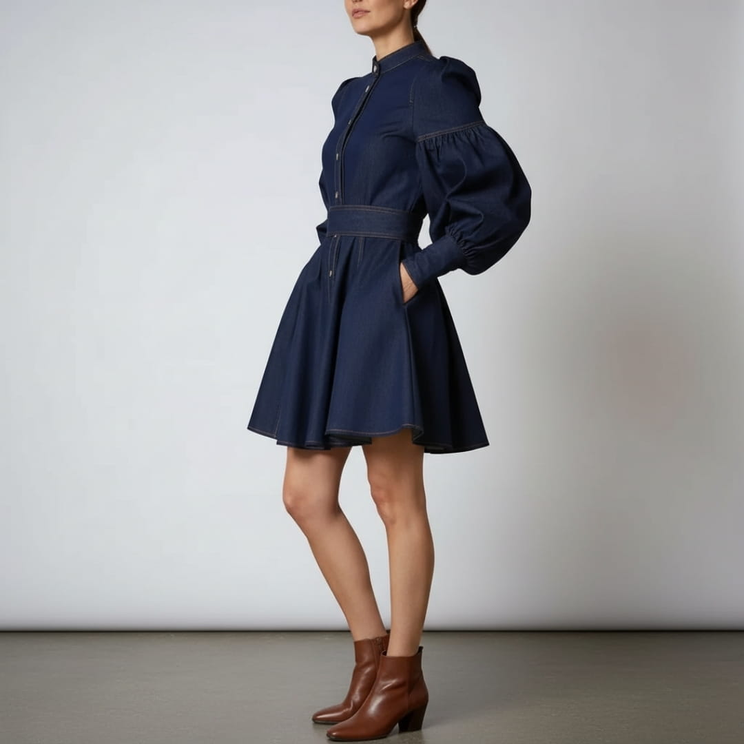Leticia Puff Sleeve Denim Mini Dress – Structured Cotton Blend Casual Dress
