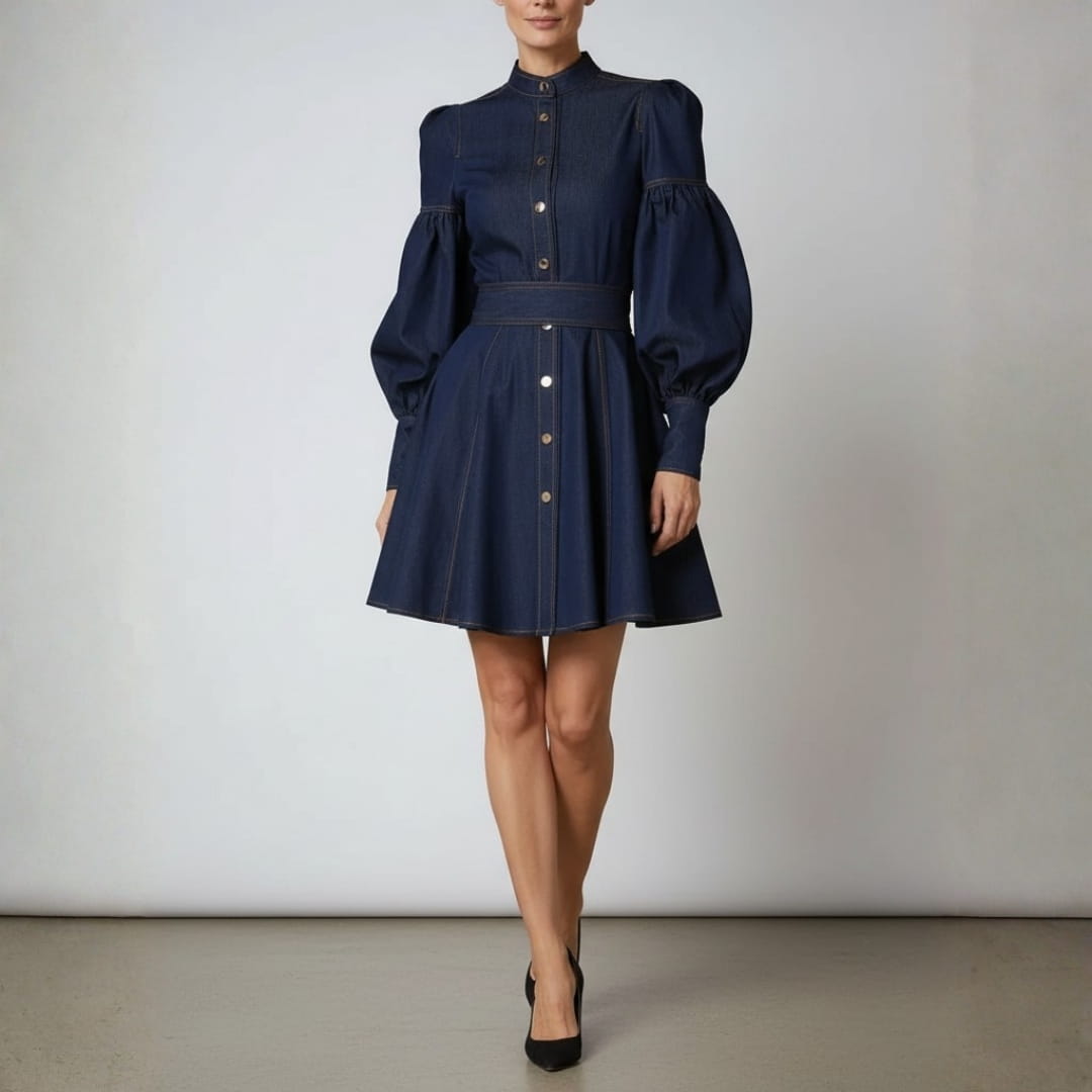 Leticia Puff Sleeve Denim Mini Dress – Structured Cotton Blend Casual Dress