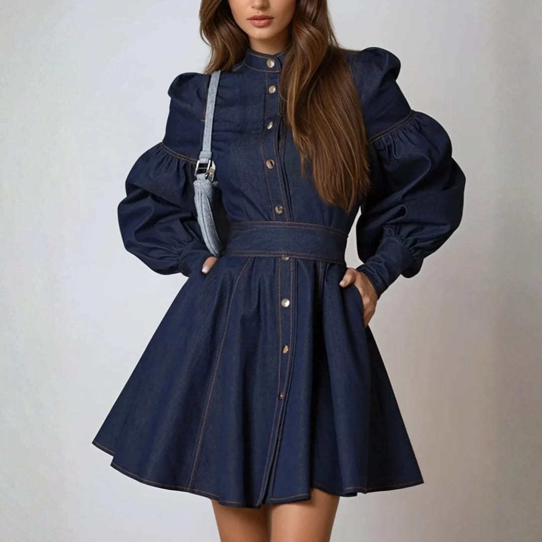 Leticia Puff Sleeve Denim Mini Dress – Structured Cotton Blend Casual Dress