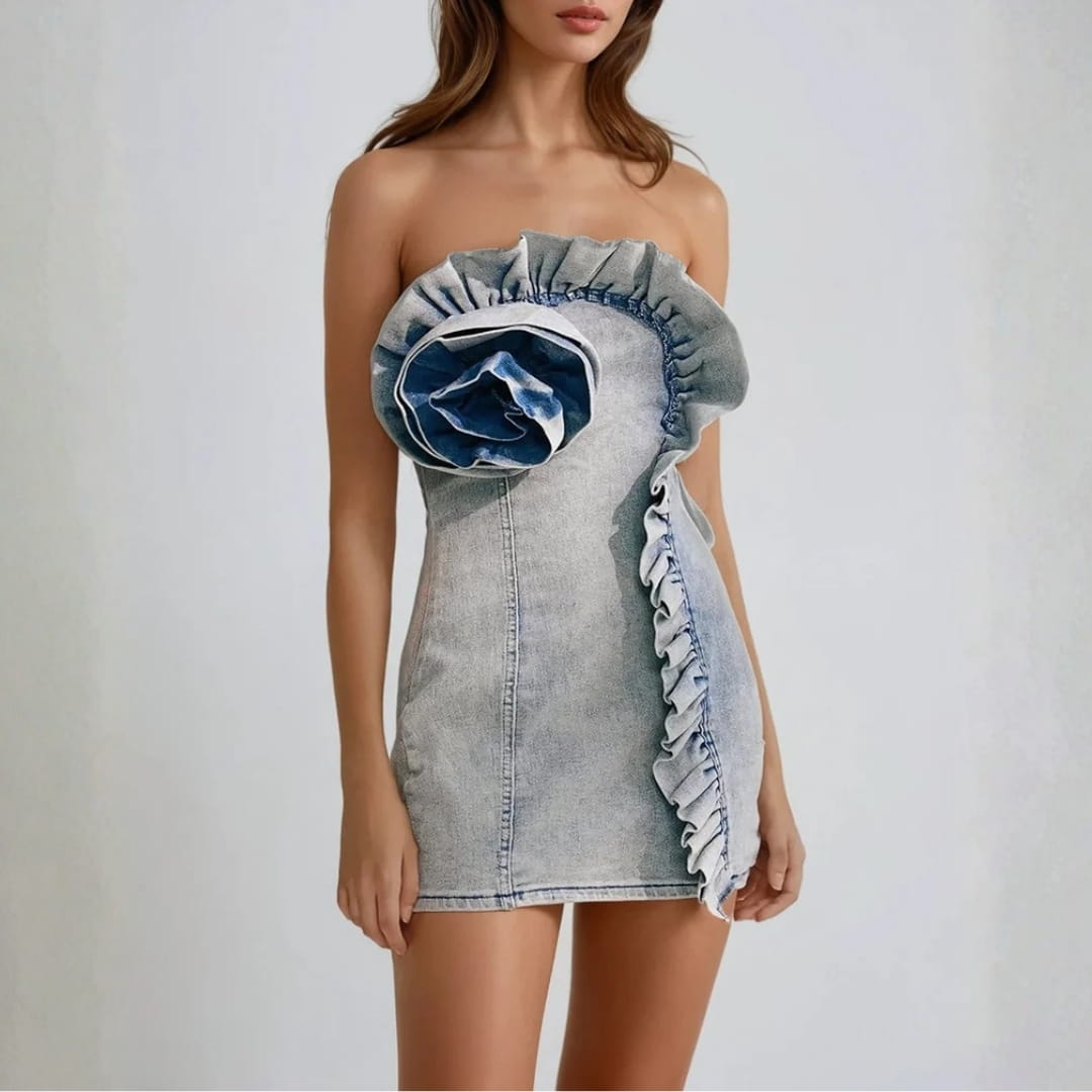 Arlyn Strapless Ruffle Denim Mini Dress – Sculpted Cotton Blend Occasion Dress