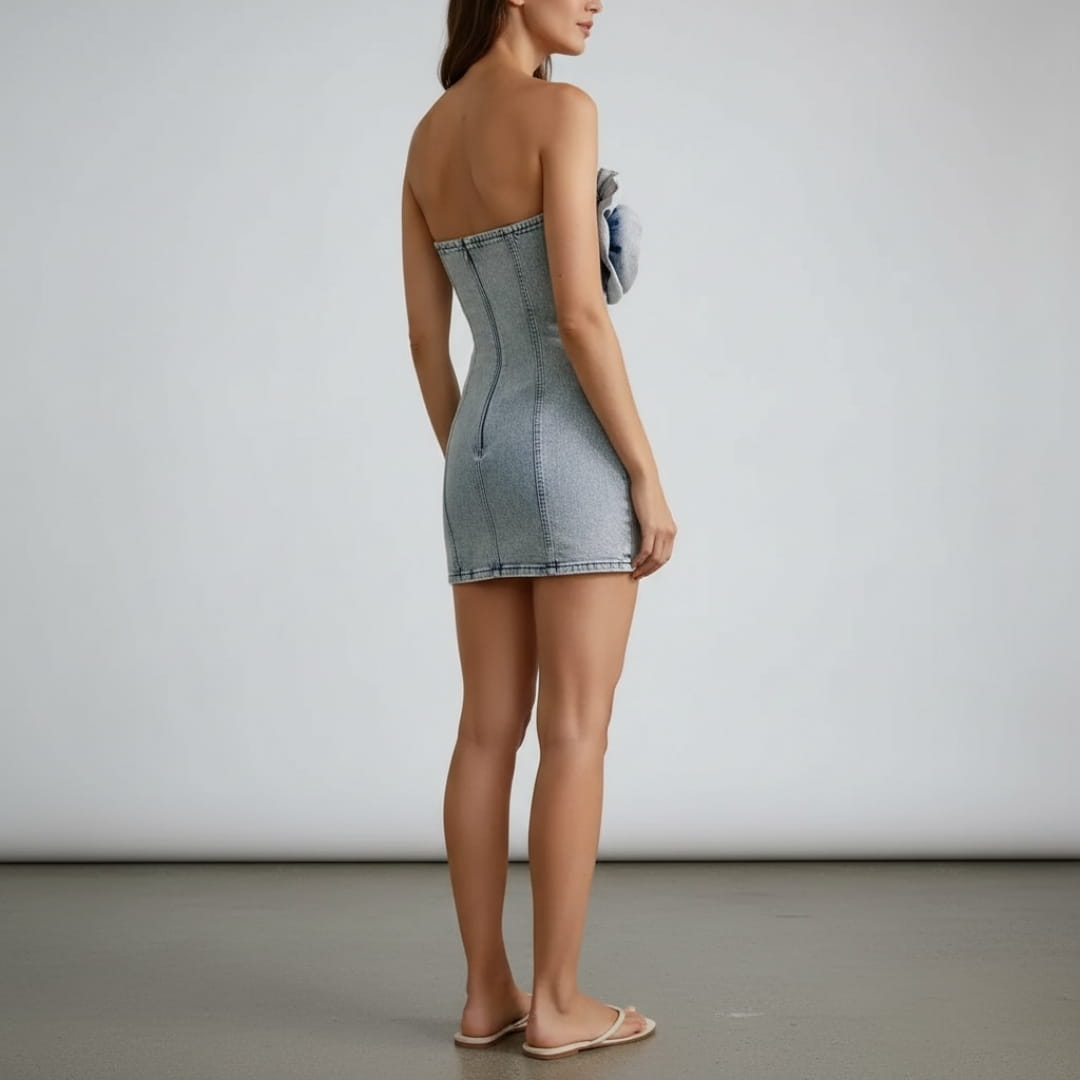 Arlyn Strapless Ruffle Denim Mini Dress – Sculpted Cotton Blend Occasion Dress