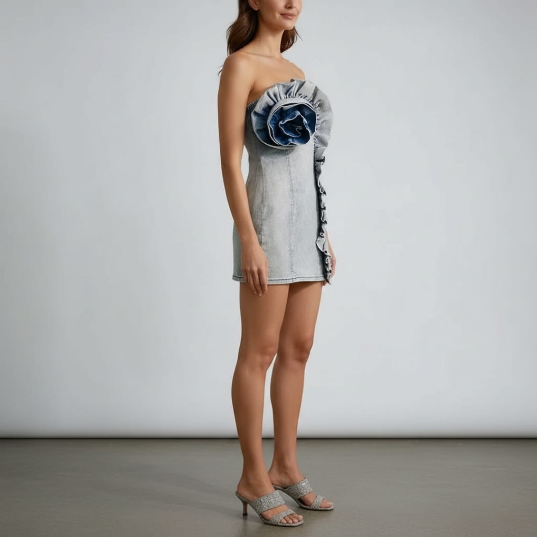 Arlyn Strapless Ruffle Denim Mini Dress – Sculpted Cotton Blend Occasion Dress