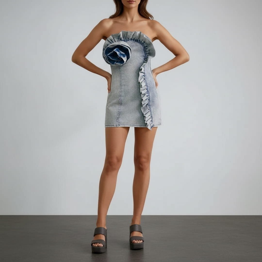 Arlyn Strapless Ruffle Denim Mini Dress – Sculpted Cotton Blend Occasion Dress
