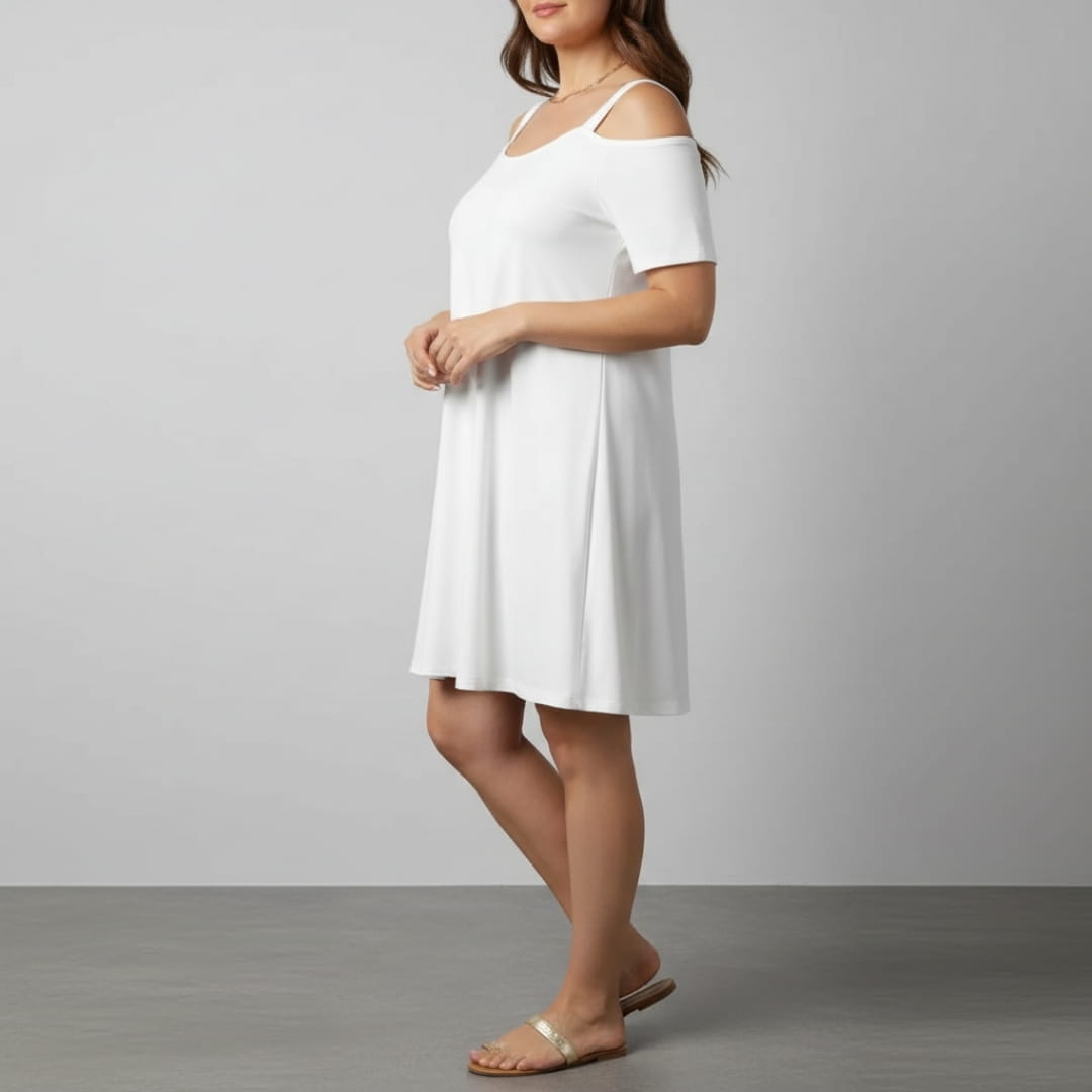 Marivela Cold Shoulder Stretch Mini Dress – Sculpted Curve Fit Elegant