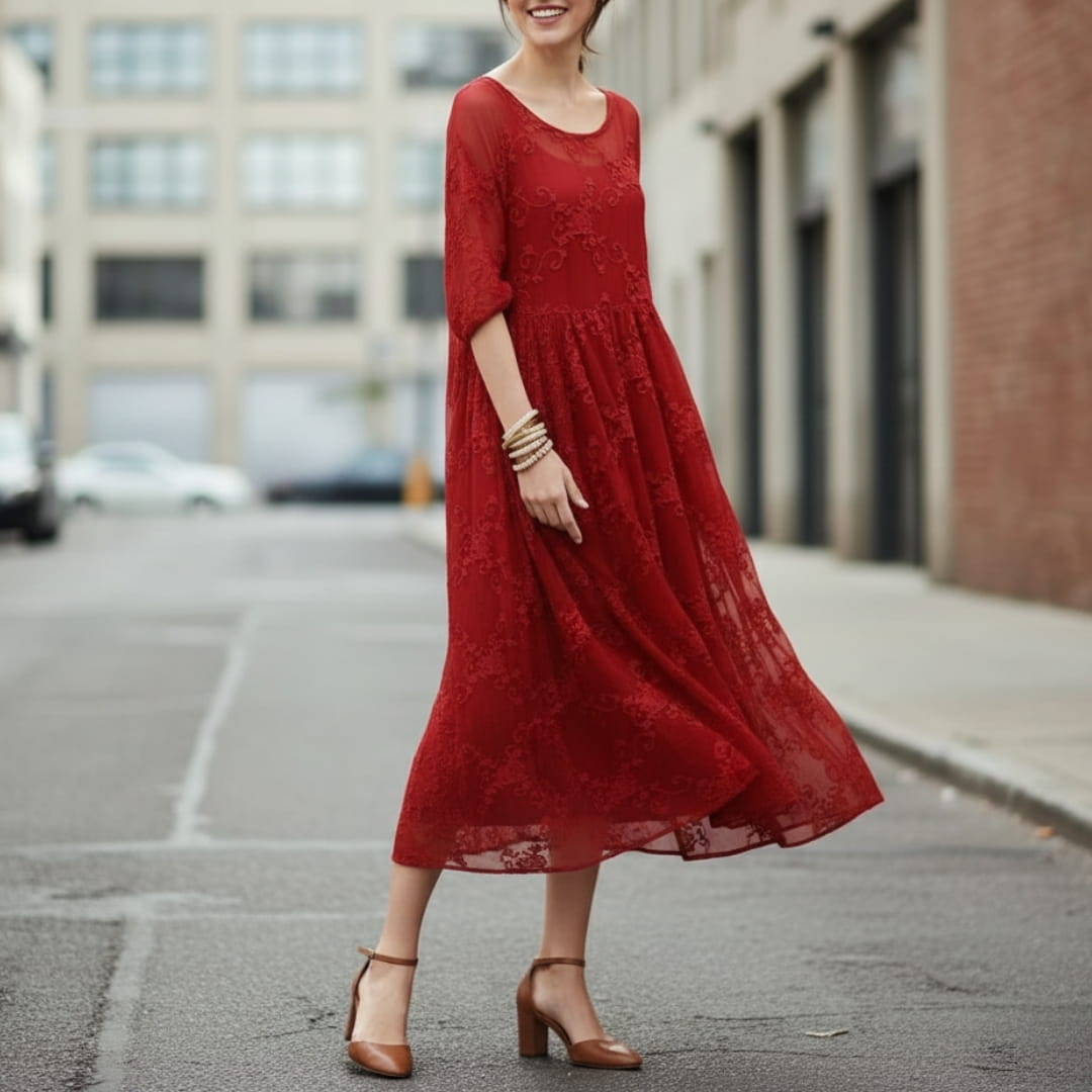 Soraya Midi Dress – Silk Cotton Blend with Lace Detail and Flowy Relaxed Fit