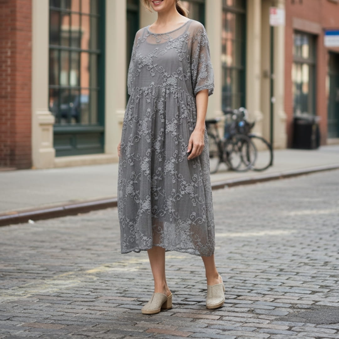 Soraya Midi Dress – Silk Cotton Blend with Lace Detail and Flowy Relaxed Fit