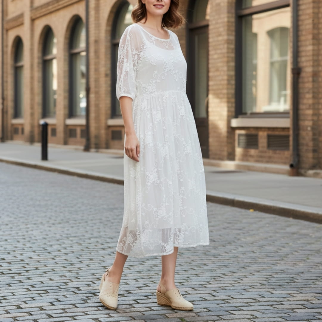 Soraya Midi Dress – Silk Cotton Blend with Lace Detail and Flowy Relaxed Fit