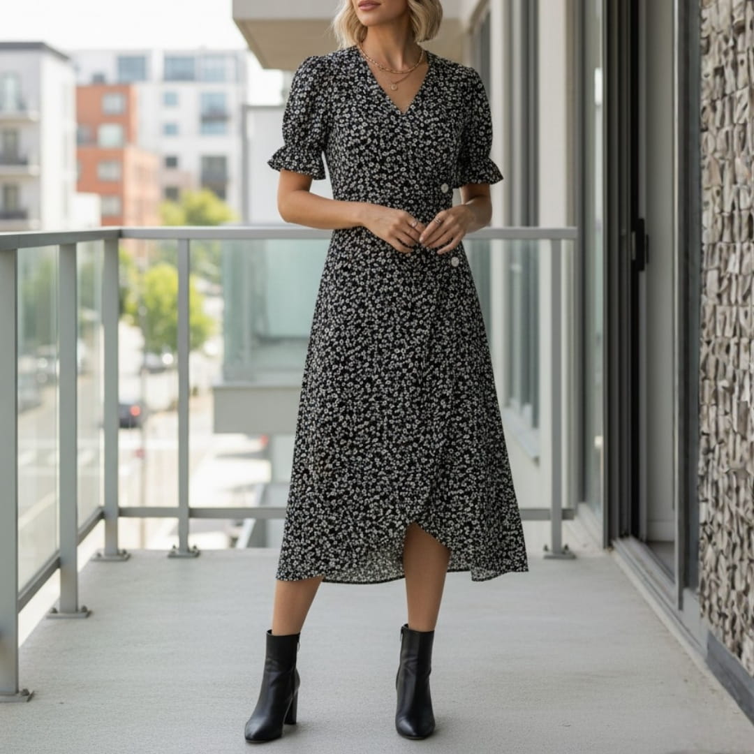 Maya Midi Dress – Vintage-Inspired V-Neck with Wrap Silhouette
