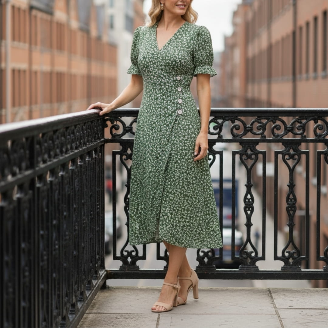 Maya Midi Dress – Vintage-Inspired V-Neck with Wrap Silhouette