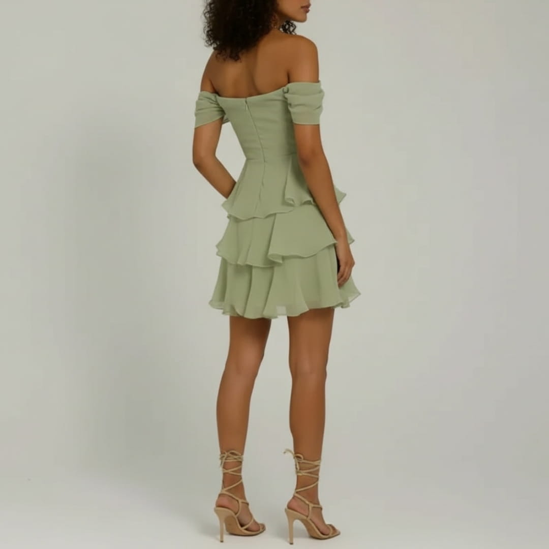 Elvira Off Shoulder Ruffle Mini Dress – Strapless Textured Fabric Tiered Dress