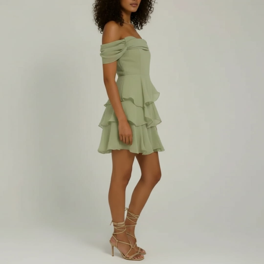 Elvira Off Shoulder Ruffle Mini Dress – Strapless Textured Fabric Tiered Dress