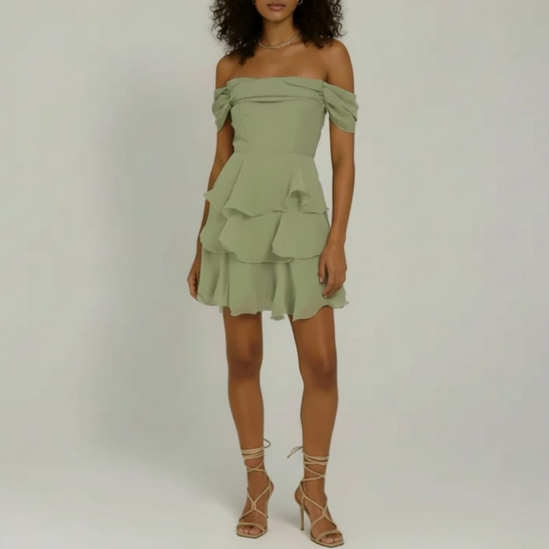 Elvira Off Shoulder Ruffle Mini Dress – Strapless Textured Fabric Tiered Dress