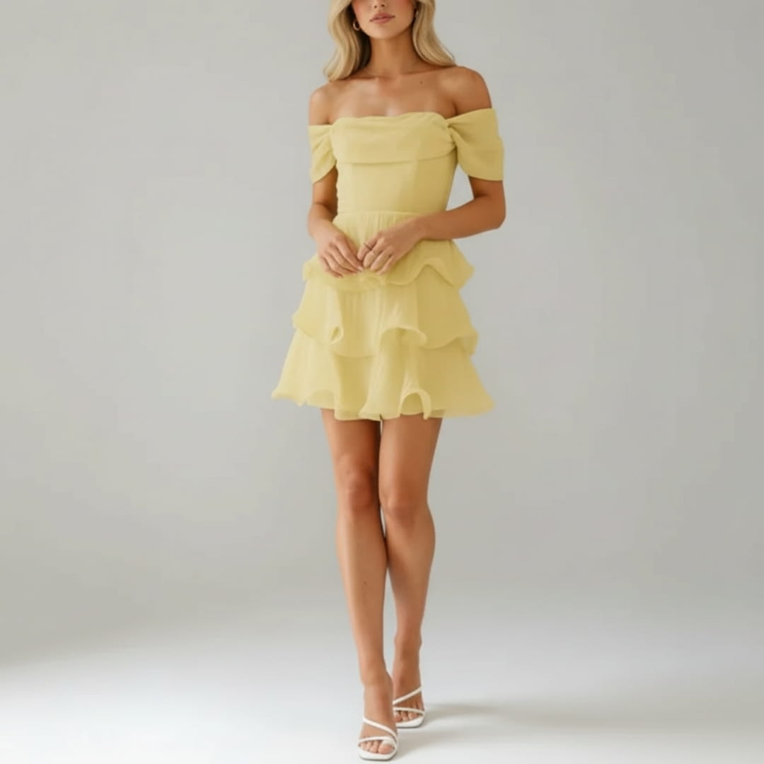 Elvira Off Shoulder Ruffle Mini Dress – Strapless Textured Fabric Tiered Dress